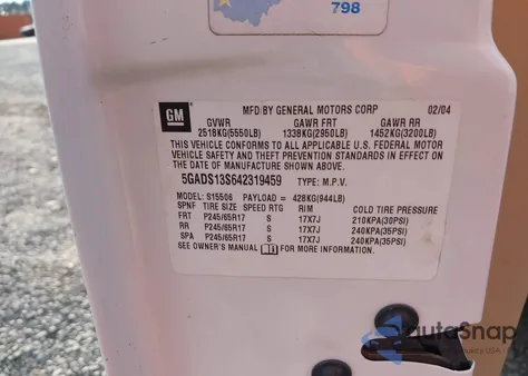 2004 Buick Rainier Cxl z USA, uszkodzony, nr VIN 5GADS13S642319459